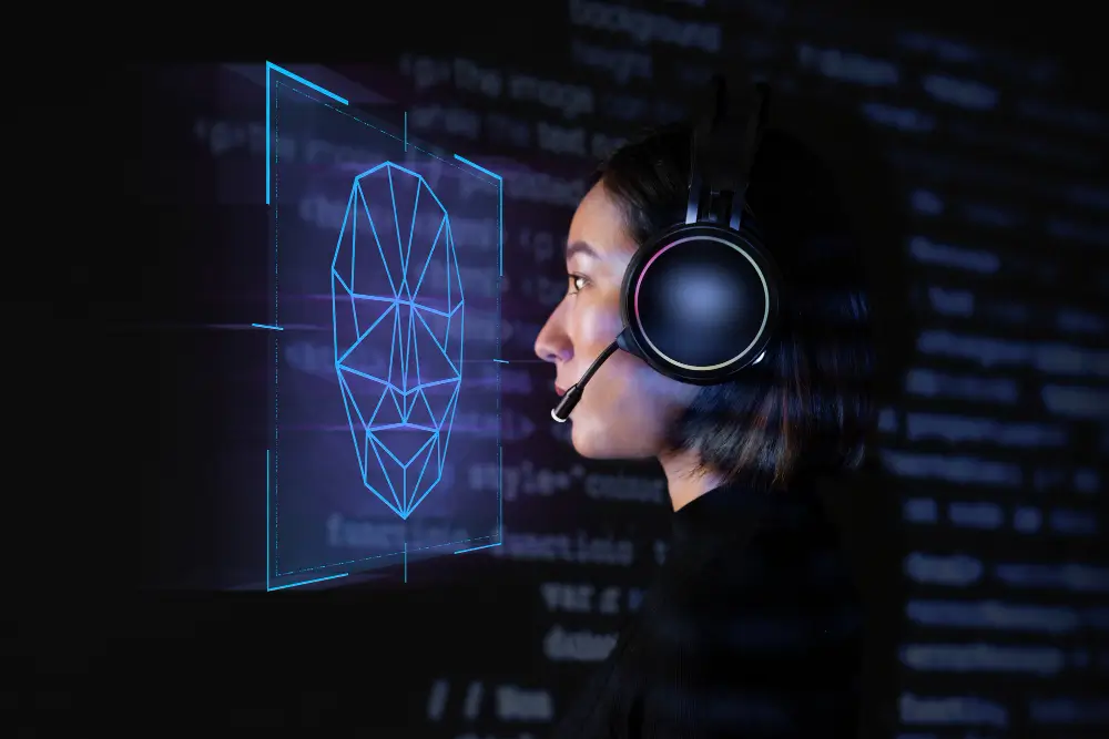 Woman with headset facing digital facial recognition interface