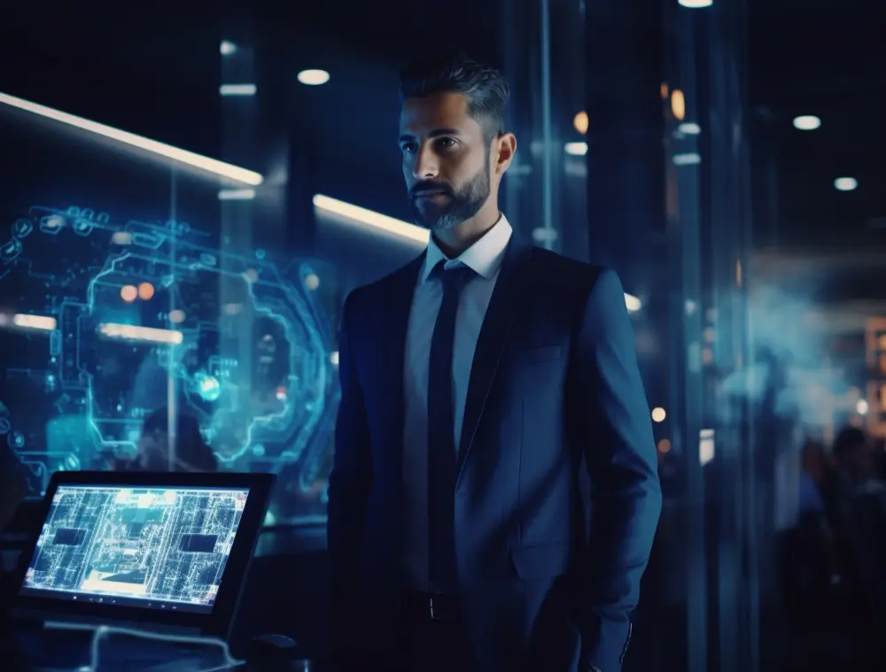 Businessman standing in high tech control room
