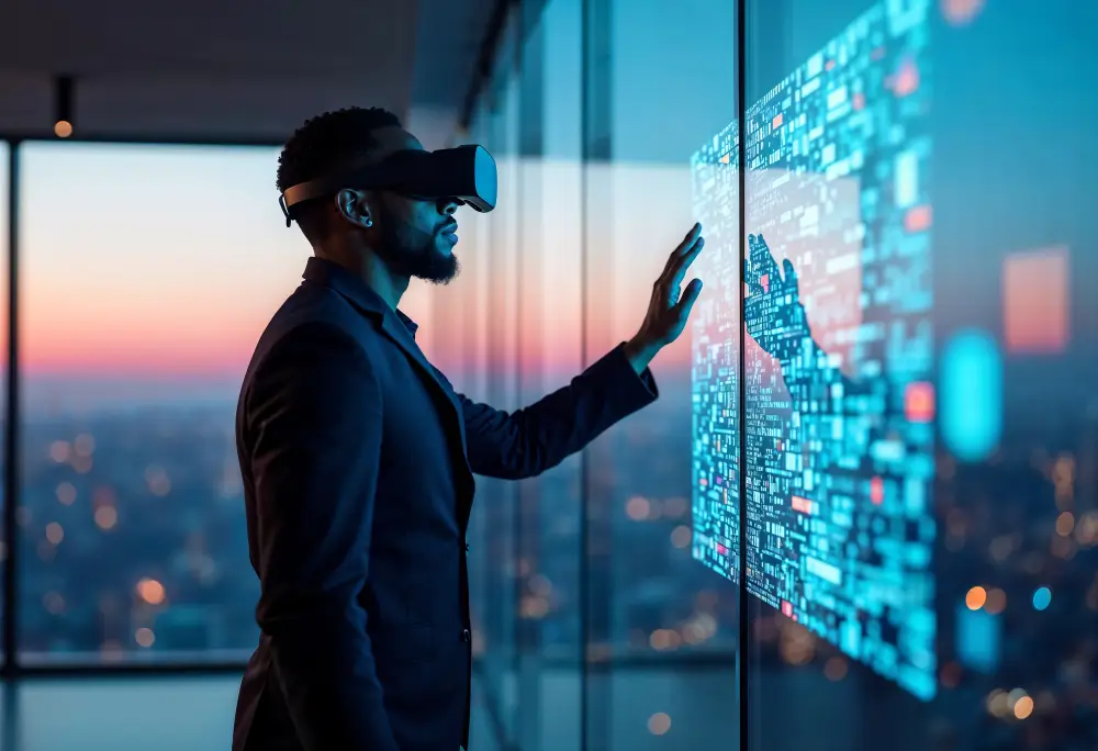 Man wearing VR headset interacting with digital wall