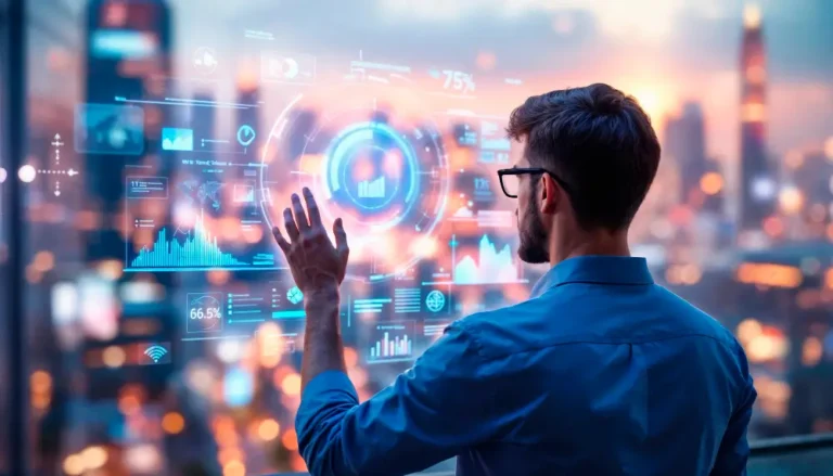 Analyst touching holographic data dashboard overlooking city