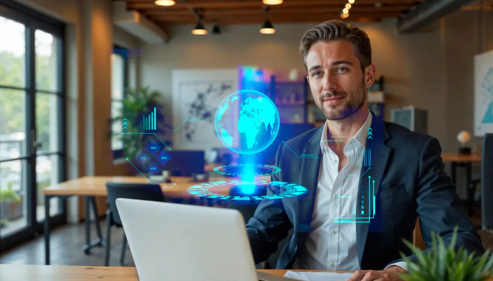 Professional using laptop with holographic globe projection