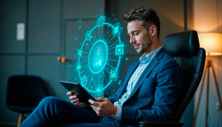 Executive using tablet with glowing AI analytics interface