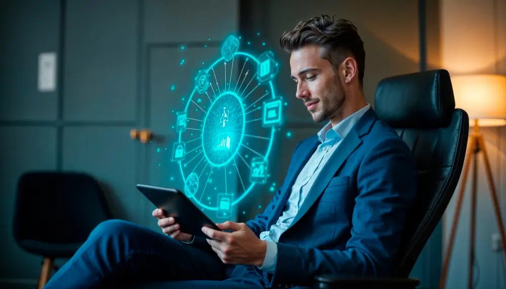 Executive using tablet with glowing AI analytics interface