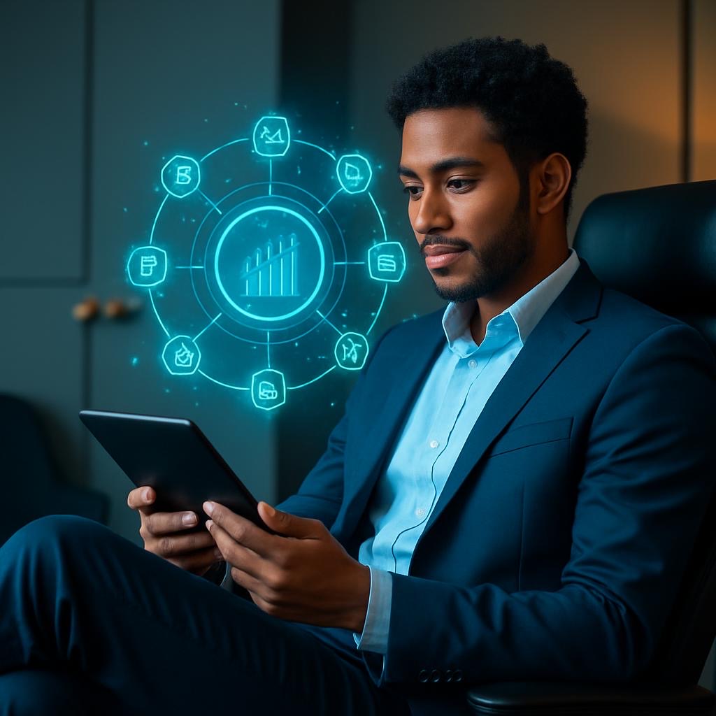Man using tablet with circular AI analytics interface