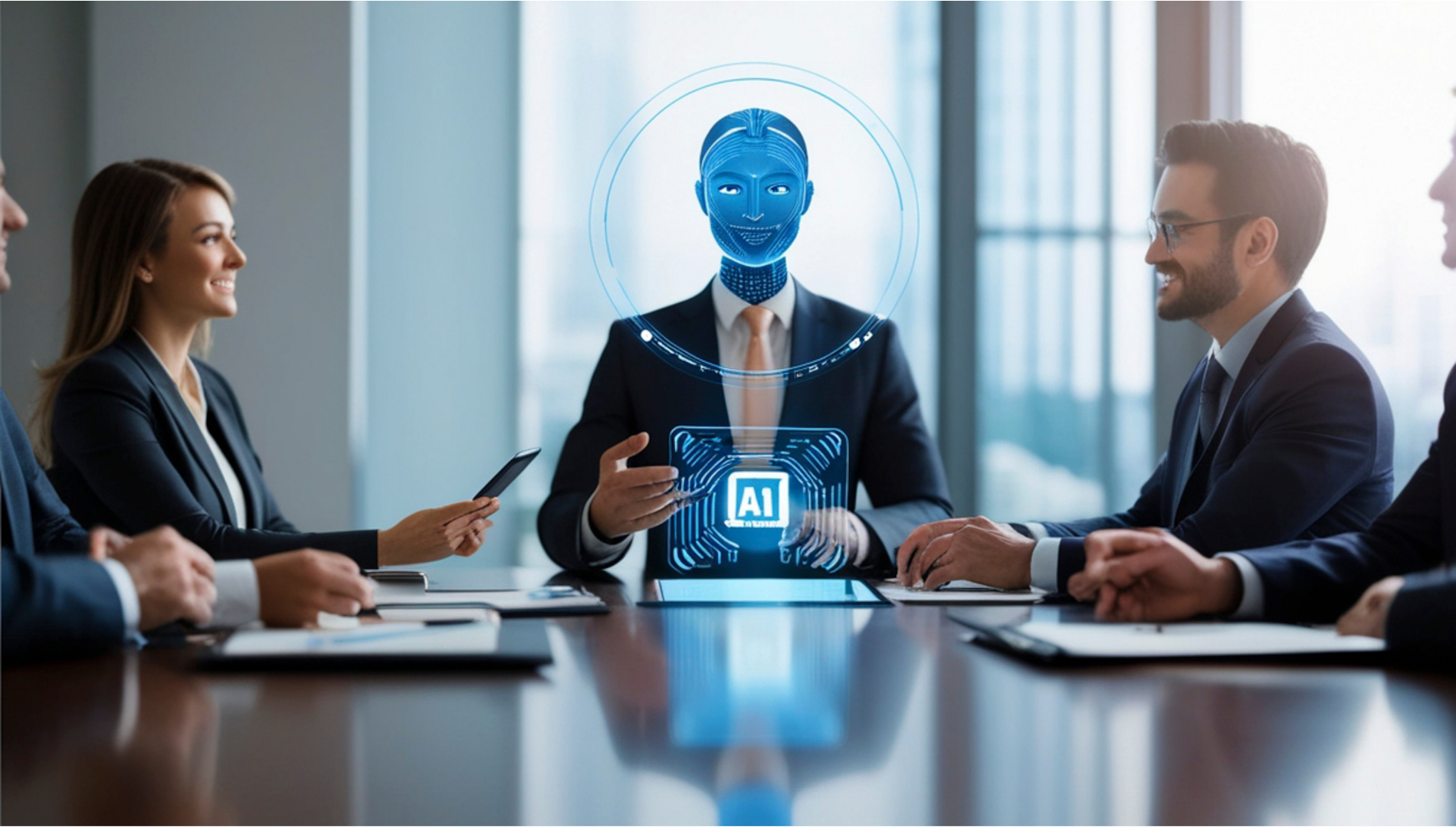 Professional using holographic AI seal on office desk