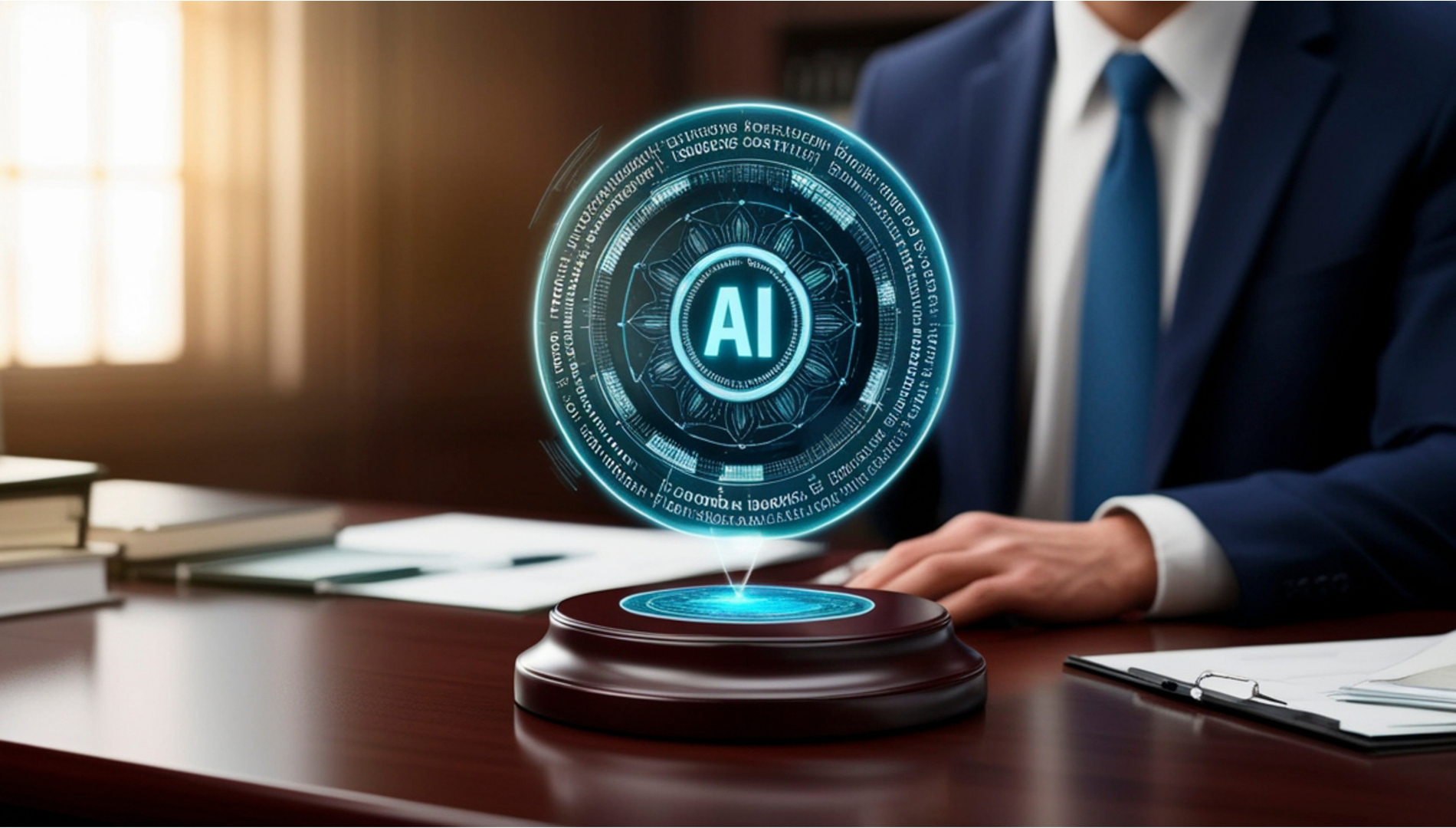 Young man using smartphone with virtual AI assistant hologram