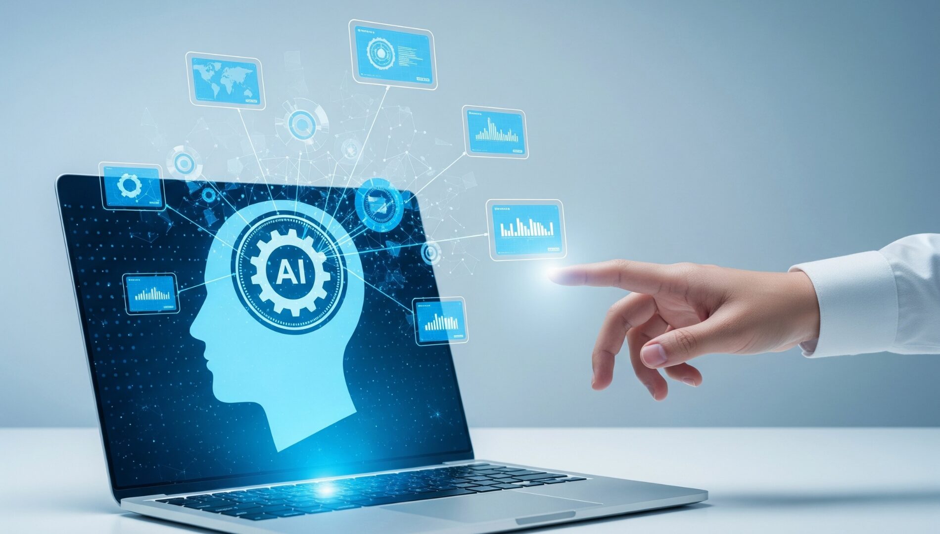 Hand pointing at laptop displaying AI head analytics interface