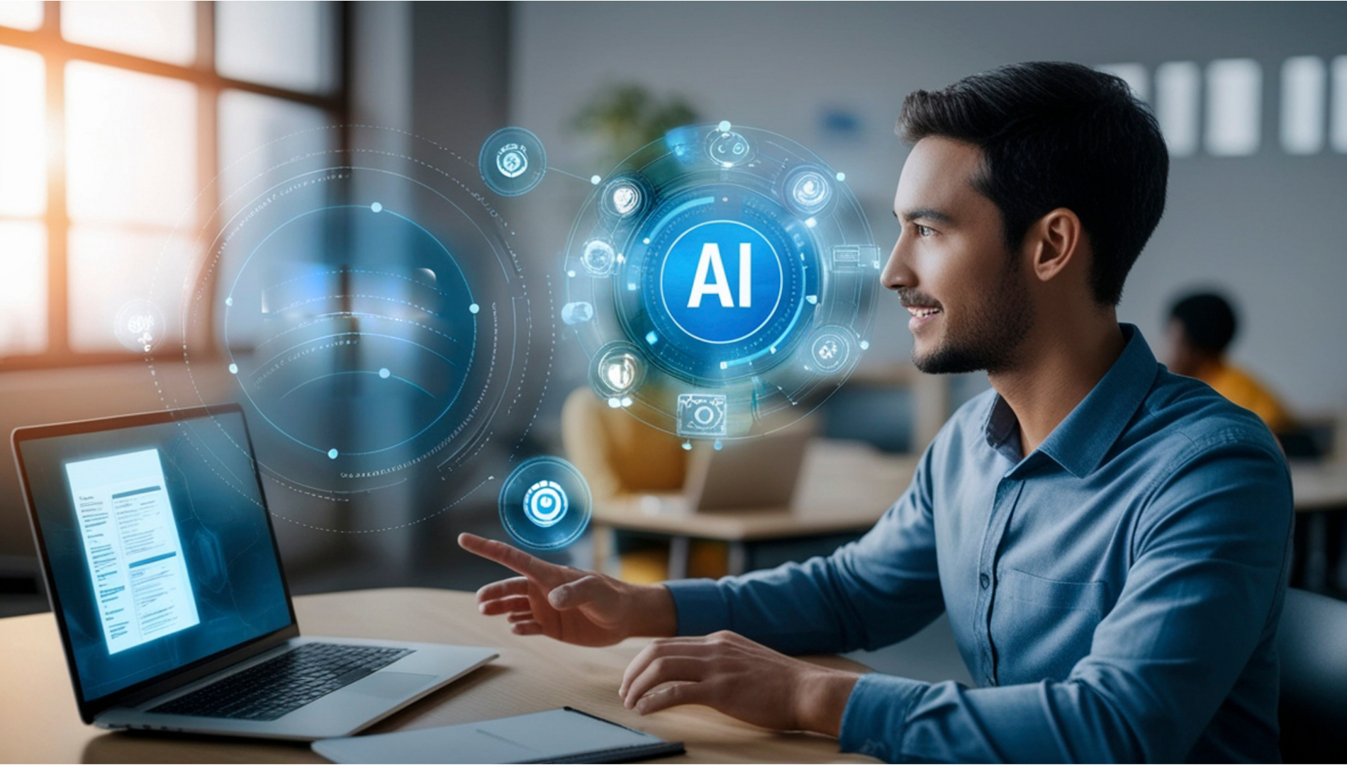Man using laptop with AI interface hologram icons