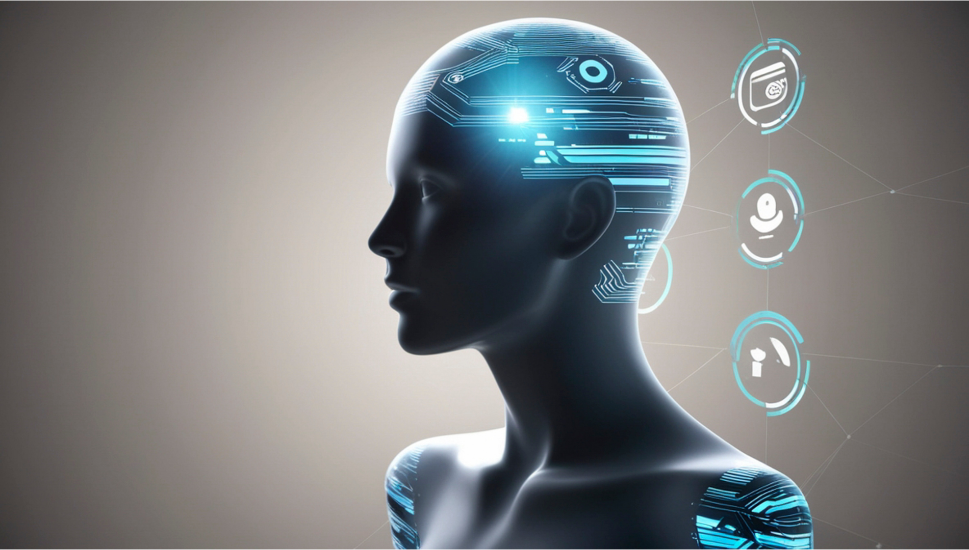 Digital human head with illuminated AI neural connections