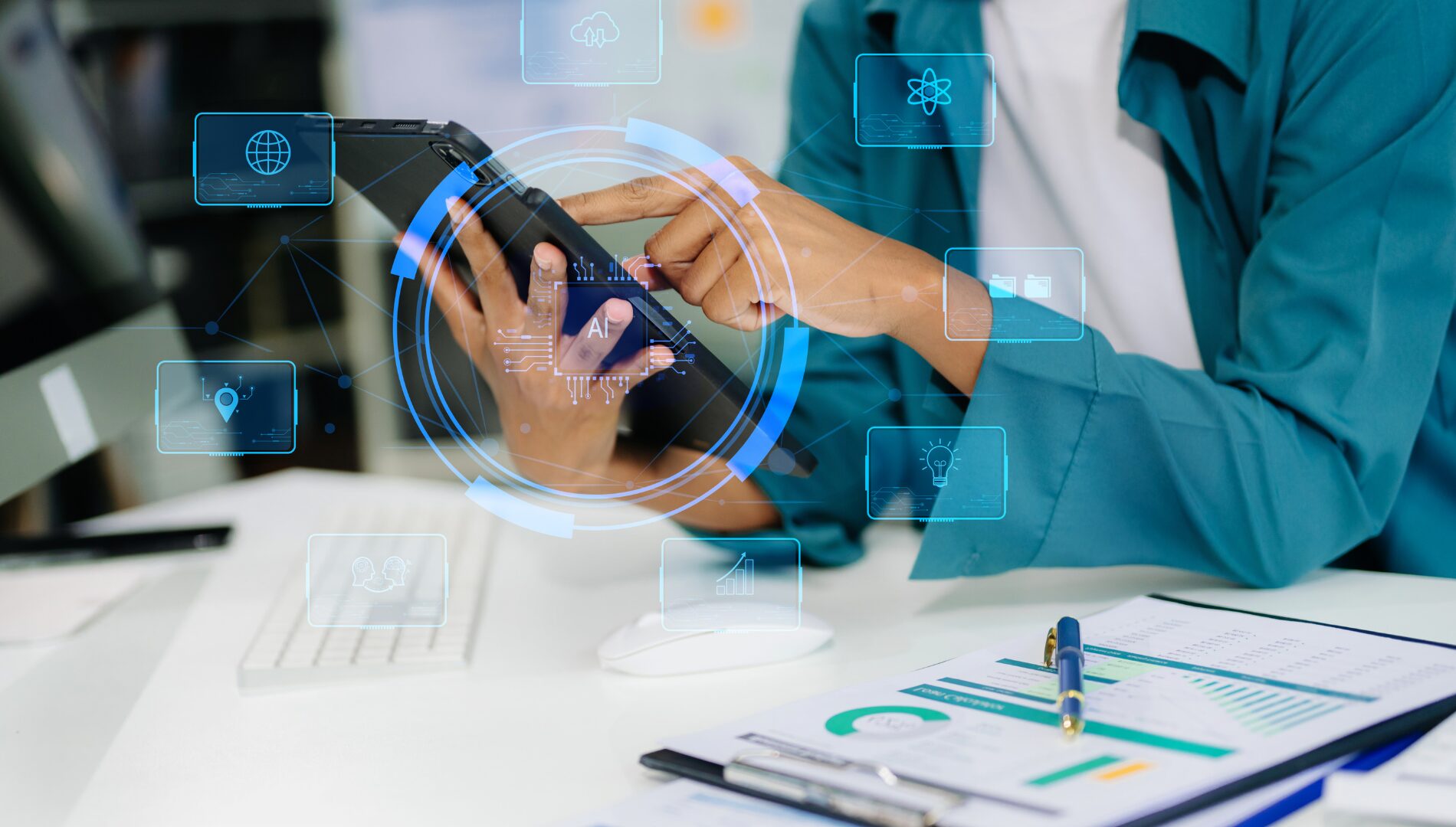 Person using tablet with AI dashboard and analytics overlay